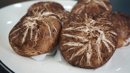 steamed fresh mushroom cheesy bun baozi in mushroom shape on dark grey wood background dim sum...