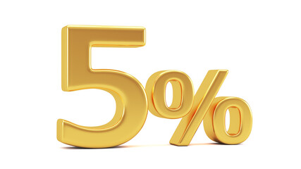 5% off on sale. Gold percent isolated on white background. 3d render illustration for business ideas.
