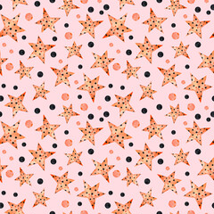 Watercolor orange and black stars and dots on pink background seamless pattern. Geometrical shapes repeat print for textile, fabric, wallpaper, wrapping, design and decoration.