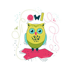 Print with cute owl in flat style. Vector illustration in Scandinavian style. Concept for children, baby print.