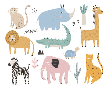 Cute african animals and plants in scandinavian style Vector hand-drawn colored children's simple set Elephant, leopard, turtle, zebra, monkey, crocodile, rhinoceros, lion. Cartoon animals