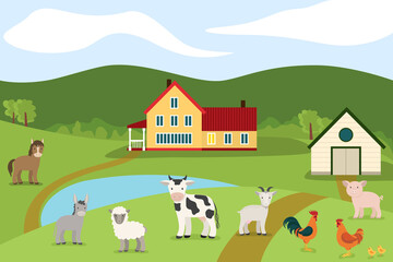 Obraz na płótnie Canvas Cartoon farm animals on the background of the countryside. Vector illustration in flat style: goat, sheep, cow, donkey, horse, pig, chicken, rooster
