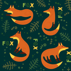 Foxes - Seamless vector background. Repeating pattern and print for fabric, textile, wallpaper, posters, gift wrapping paper, napkins, tablecloths. Children's pattern