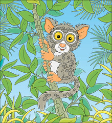 Funny small Philippine tarsier, tree-dwelling exotic primate with very large eyes and a long tufted tail, sitting on a green tree branch in a tropical jungle, vector cartoon illustration