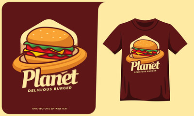 Planet burger cartoon food logo text effect and t shirt vector design