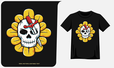 tshirt design of Skull head swords on sunflower illustration vector