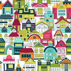 Old city - vector seamless pattern in scandinavian style. Repeating pattern for fabric, textile, wallpaper, posters, gift wrapping paper, napkins, tablecloths. Print for kids, children.  © Julia