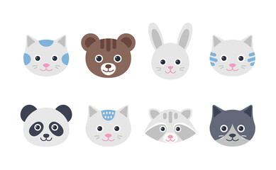 Cute animal faces. Cat, hare, bear, panda and raccoon characters. Set animal heads in flat design. Icons isolated on white background. Vector illustration.