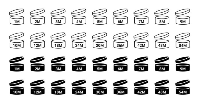 PAO Icons. Period After Opening Symbols. Set Packaging Signs For Cosmetic. Expiration Period In Months Isolated On White. Round Box With Cap. Linear And Black Expiry Labels. Vector Illustration