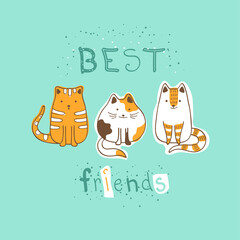 Three cartoon cats - vector card. Three best friends.  Print for kids, baby, children