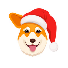 Head of smiling pembroke welsh corgi dog in a red Santa Claus hat. Cartoon character. Vector illustration