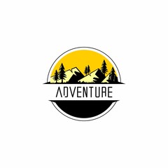 Fototapeta na wymiar adventure icon vector with mountain and forest scenery drawing