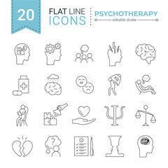 Psychotherapy and psychology line icon set. Simple thin outline pictogram collection. Mental health elements. Anxiety, group therapy, mood disorder, depression. Editable stroke vector illustration
