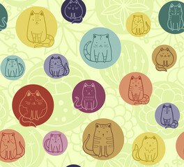 Cats and circles - vector seammless pattern. Cats waiting for summer. Vector background for fabric, textile, wallpaper, posters, gift wrapping paper, napkins, tablecloths, pajamas. Print for kids