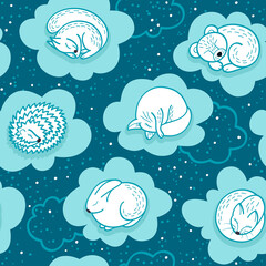 Winter hibernation of forest animals seamless pattern. Christmas seamless background with sleeping animals in the clouds. Background for web pages, fabric, textile, posters, gift wrapping paper