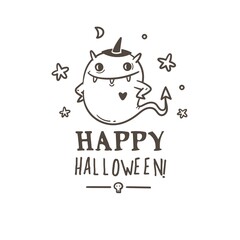 Doodle card with cute cartoon ghost. Fabulous fictional character. Halloween poster. Vector contour image.