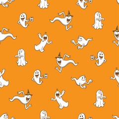 Seamless pattern with cute cartoon ghosts on orange background. Halloween doodle print. Creepy and funny characters.