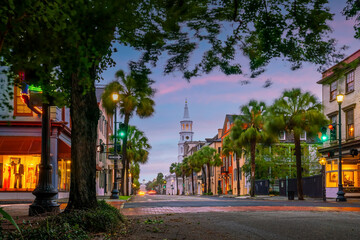 Historical downtown area of Charleston, South Carolina cityscape in USA