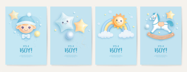Set of baby shower invitation with cartoon boy, horse, rainbow and sun on blue background. It's a boy. Vector illustration