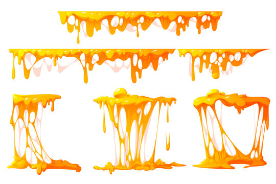 Flowing melted cheese isolated on white background. Vector cartoon borders of hot cheddar, parmesan or holland cheesy slices with holes and molten liquid drops