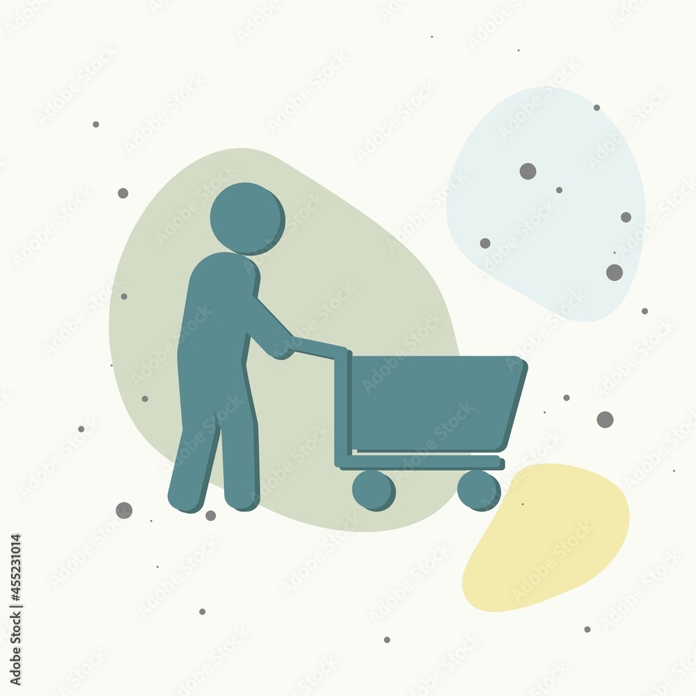 Aufkleber man walking with shopping cart on multicolored background.