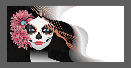 dia de los muertos! lovely girl with flowers for the day of all the dead and alive. Makeup for the dead. Vectron illustration for banners, posters, wallpapers, holiday cards