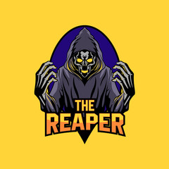 esport logo with grim reaper skull mascot, this logo is suitable for logos of esports teams, game developers, games and software, streamers and life challenging action activities
