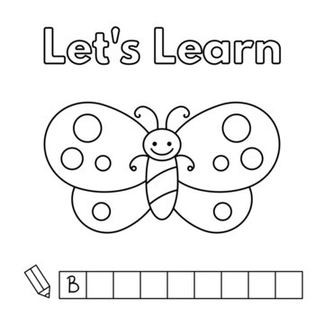 Cartoon butterfly learning game for small children - color and write the word. Vector coloring book pages for kids
