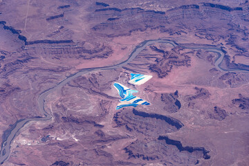 Aerial view around the Colorado River near Moab Utah in the Rocky Mountains  with Potash...