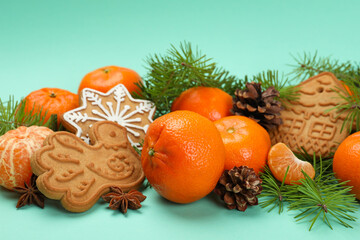 Fototapeta na wymiar Christmas concept with mandarins on mint background