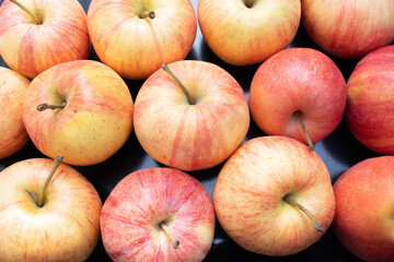 high angle view of ripe and fresh apples in autumn