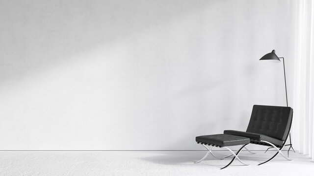 White modern minimalist interior with lounge chair and floor lamp. 3d render illustration mockup.