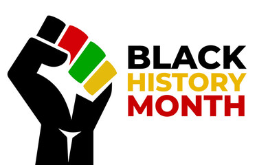 Black history month lettering with black power hand fist icon over white background