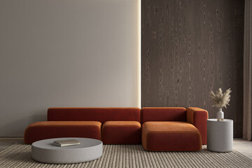 Modern classic interior with orange sofa and decor. 3d render illustration mockup.