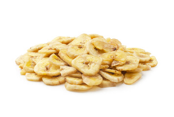 Homemade banana chips or dried and fried banana slices isolated