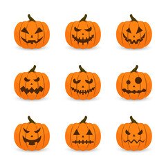 Scary faces and ghosts for Halloween. Scary Halloween pumpkin faces. Creepy and funny emoji of Halloween pumpkins. Vector