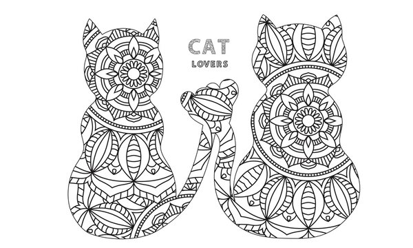 Adult coloring book. Two cute cats. Line art design for antistress colouring pages in zentangle style. Vector illustration.