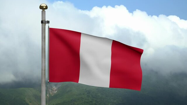 3D, Peruvian flag waving on wind at mountain. Peru banner blowing, soft and smooth silk. Cloth fabric texture ensign background. National day and country occasions concept.-Dan