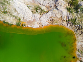 Colored lake, rock dumps in abandoned ilmenite quarry, aerial view