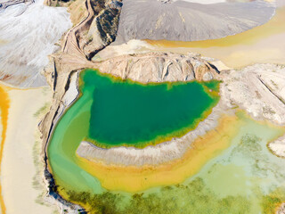 Colored lake, rock dumps in abandoned ilmenite quarry, aerial view