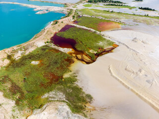 Colored lakes, rock dumps in abandoned ilmenite quarry, aerial view