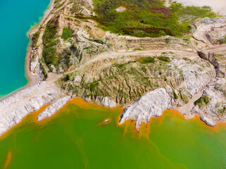Colored lakes, rock dumps in abandoned ilmenite quarry, aerial view