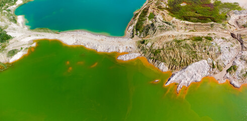 Colored lakes, rock dumps in abandoned ilmenite quarry, aerial view
