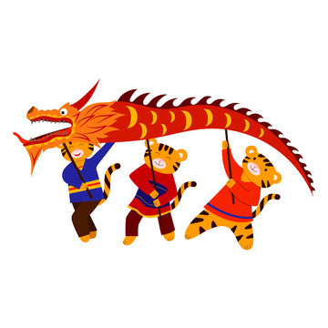 Cartoon illustration for children, Chinese New Year. A tiger and a Chinese dragon. Vector isolated on a white background