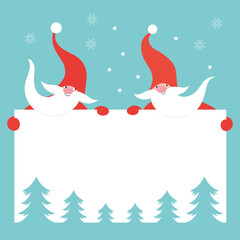 Christmas banner with place for your text. Christmas greeting card. Happy New Year. Merry Christmas. Cute Gnomes in hats. Seasons Greetings.	