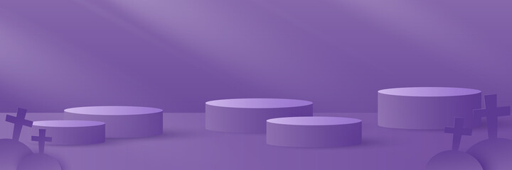 Halloween background. Podium platform to show product and natural light on purple  background. Halloween sale promotion. Paper cut and craft style illustration