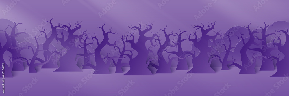 Wall mural Halloween background. Podium platform to show product with pumpkin and natural light on purple background. Halloween sale promotion. Paper cut and craft style illustration_1