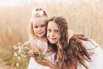 Two little girls sisters hug and collect flowers in the summer