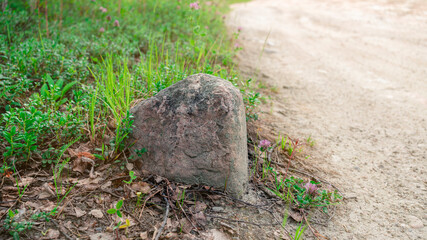 Landscape with a large stone and a dirt road. Bright landscape with a large boulder.