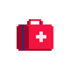 First aid kit. Medical briefcase with cross pixel art icon. Red doctor's bag.  Emergency, healthcare, paramedic assistance concept. Isolated vector illustration. 8-bit. Design stickers, logo, app.